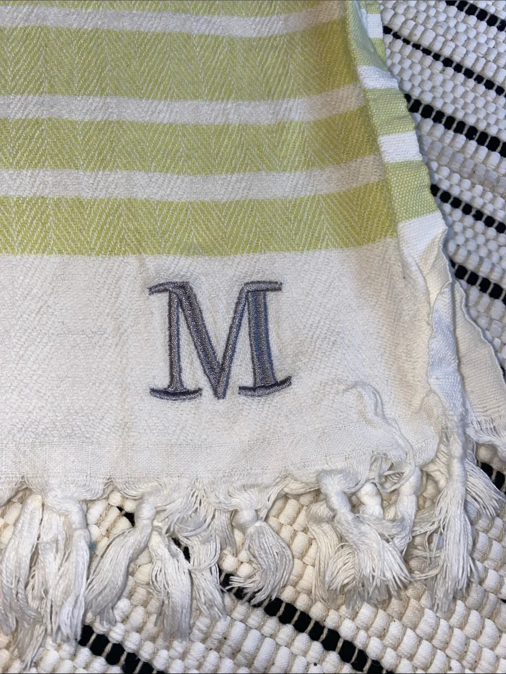 🏖️ 🍋‍🟩 Striped Cotton Beach Towel with Monogram M - White & Lime Green